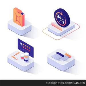 Set of Car Repair Service Isometric Icons. Templates of Paints Kit and Tools for Puttying, Steel Tank with Oil, Gasoline or Brake Fluid, Round the Clock Signboard. Vector 3d Illustration. Set of Car Repair Paint Service Isometric Icons