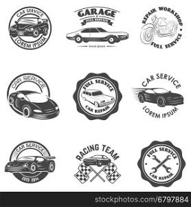 Set of car repair, service, racing team labels and badges. Design elements for logo, label, emblem, sign, brand mark. Vector illustration.