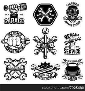 Set of car repair workshop emblems. Design element for logo, label, emblem, sign, poster.Vector illustration