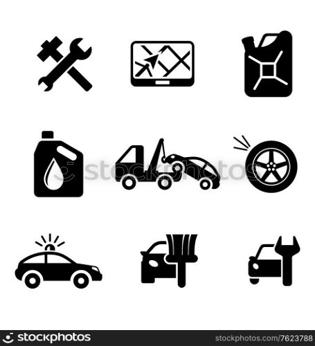 Set of car service and automobile icons including tools, road sign, oil and petrol containers, tow truck, wheel, tyre, jerry can, police, car wash and garage