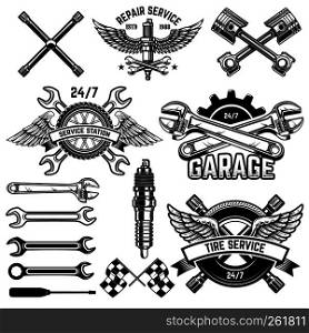 Set of car service station emblems and design elements. For logo, label, sign, banner, t shirt, poster. Vector illustration