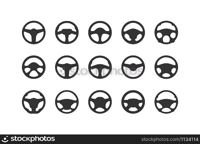 Set of car steering wheel silhouettes. Flat steering wheel icon. Isolated silhouette on a white background. Flat style