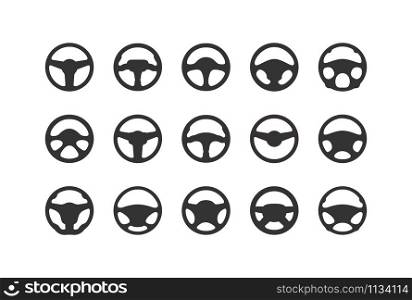 Set of car steering wheel silhouettes. Flat steering wheel icon. Isolated silhouette on a white background. Flat style