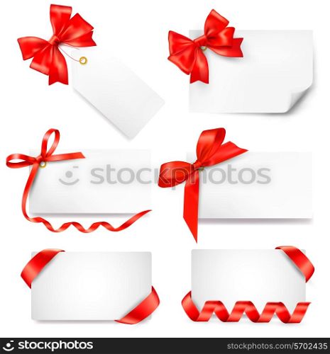 Set of card note with red gift bows with ribbons Vector