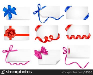 Set of card notes with color gift bows with ribbons Vector
