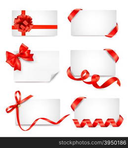 Set of card notes with red gift bows with ribbons Vector