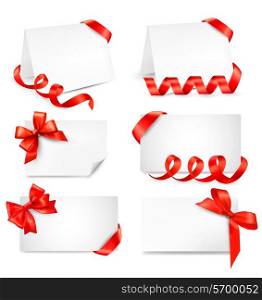 Set of card notes with red gift bows with ribbons Vector