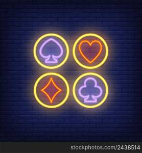 Set of card suits neon sign. Diamond, club, heart, spade. Night bright advertisement. Vector illustration in neon style for gambling, casino and poker club