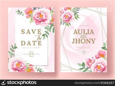 Set of card with flower peonies, leaves. Wedding ornament concept. Floral poster, invite. Vector decorative greeting card or invitation design background