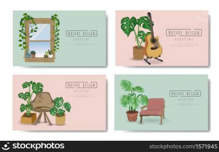 Set of card with Potted plants Hand drawn, isolated objects, message area, Vector drawn illustrations.