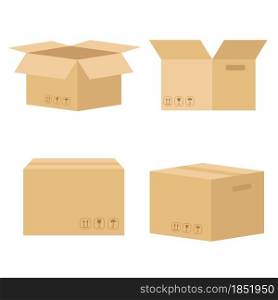 Set of cardboard boxes for parcels, goods and products, vector illustration. A collection of sustainable recyclable packaging for various uses.. Set of cardboard boxes for parcels, goods and products, vector illustration.
