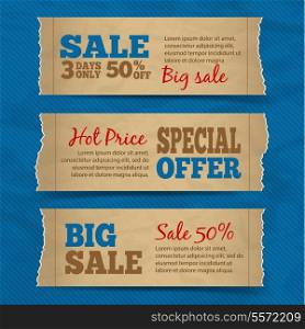 Set of cardboard paper sale hot price special offer banners with blue background vector illustration