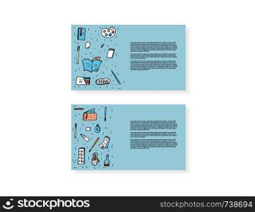 Set of cards of vector office supplies. Collection of stationery in doodle style templates.