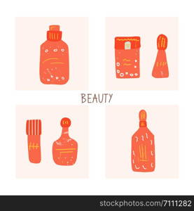 Set of cards with beauty supplies. Hygiene vials, tubes and packages in flat style. Vector illustration.