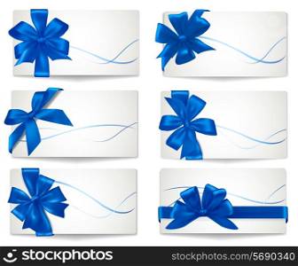 Set of cards with blue gift bows with ribbons. Vector.