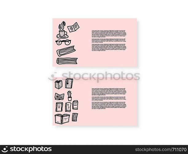 set of cards with books and reading symbols in doodle style. Vector illustration.