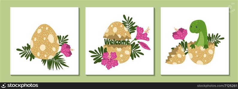Set of cards with cute dinosaurs and its egg. Design element for t-shirt, kids apparel, poster, nursery or etc. Vector illustration.. Cute cards with dinosaurs and its egg.
