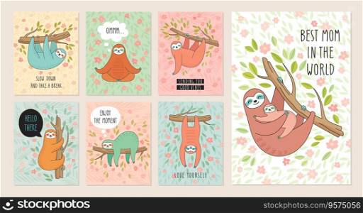 Set of cards with cute hand drawn sloths hanging vector image