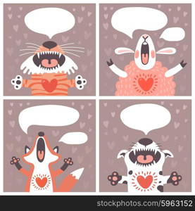 Set of cards with funny animals. Vector illustration.