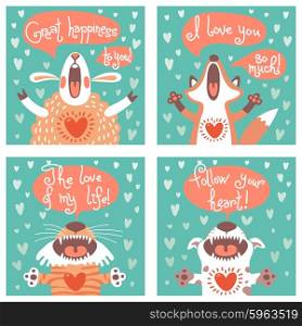 Set of cards with funny animals. Vector illustration.