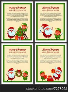 Set of cards with happy Santa and elf that are busy with celebration activities vector illustrations isolated on white backgrounds with green lines. Set of Cards with Happy Santa and ridiculous Elf