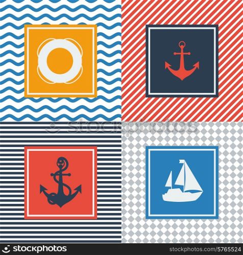 Set of cards with nautical symbols in flat design style.