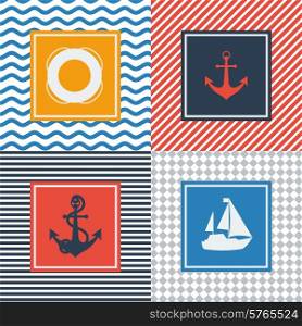 Set of cards with nautical symbols in flat design style.