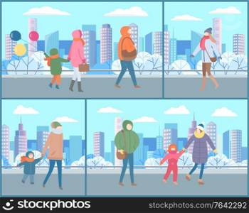 Set of cards with people dressed in outerwear doing outdoor activities with kid in winter park. Family walk of parents with children in park with snow. Man and woman on snowy city street. People Walking at Streets Cityscapes Set Weekends