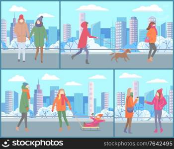 Set of cards with people dressed in outerwear doing outdoor activities with kid and pets in winter park. Family walk of parents with children in park with snow. Man and woman on snowy city street. People Walking at Streets Cityscapes Set Weekends