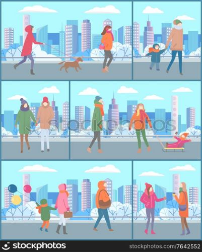 Set of cards with people dressed in outerwear doing outdoor activities with kid and pets in winter park. Family walk of parents with children in park with snow. Man and woman on snowy city street. People Walking at Streets Cityscapes Set Weekends