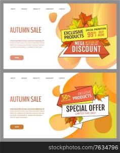Set of cards with seasonal proposition from store, vector. Shop sale in autumn. Autumnal offer discounts. Fall leaves with gold tags. Flyer hot price and lowered cost, promotion premium quality goods. Autumn Sale and Discounts, Seasonal Propositions