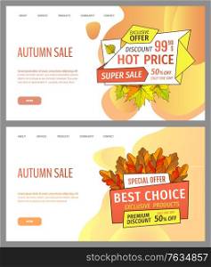 Set of cards with seasonal proposition from store, vector. Shop sale in autumn. Autumnal offer discounts. Fall leaves with gold tags. Flyer hot price and lowered cost, promotion premium quality goods. Autumn Sale and Discounts, Seasonal Propositions