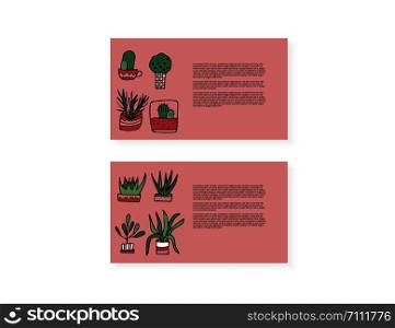 Set of cards with succulents in doodle style. Set of house plants. Poster, banner, greeting card, print isolated elements. Vector color illustration.