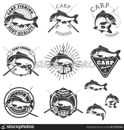 Set of carp fishing labels. Design elements for label, emblem for fishing club. Vector illustration.