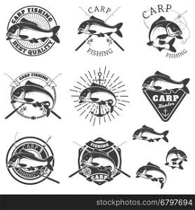 Set of carp fishing labels. Design elements for label, emblem for fishing club. Vector illustration.