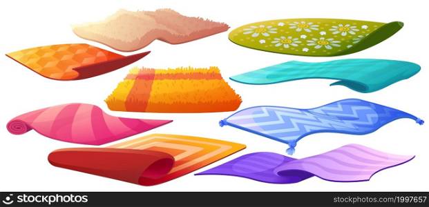 Set of carpets or rugs of different shapes, designs and colors. Isolated nappy floor covering, interior decor, mats with tassels, ornamental print, cozy home decoration, Cartoon vector illustration. Set of carpets or rugs of different shape, design