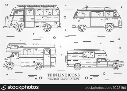 Set of cars for camping. Car and camper set. Summer trip family travel concept. For web design and application interface, also useful for infographics. Vector dark grey.