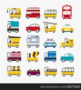 Set of cars of various sizes and colors, including taxi, bus, tractor, truck.