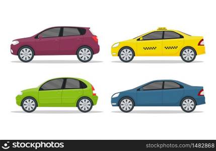 Set of cars on isolated background. Flat auto in side view. Design road vehicle of hatchback, sedan, suv type. Cartoon collection of machines for city road. Modern urban car icon. vector illustration. Set of cars on isolated background. Flat auto in side view. Design road vehicle of hatchback, sedan, suv type. Cartoon collection of machines for city road. Modern car icon. vector illustration