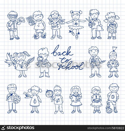 Set of carton doodle cute study education kids in color back to school vector illustration