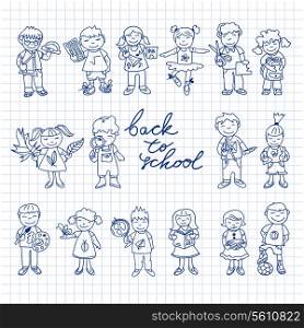 Set of carton doodle cute study education kids in color back to school vector illustration