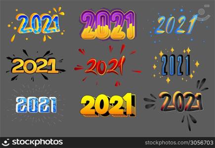 Set of cartoon 2021 New Year signs. Collection of comic book greeting card, brochure template. Vector holiday illustration.