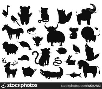 Set of cartoon animal pets icons isolated. Vector illustration silhouettes of guana and turtle, horse and owl, curly sheep, prickly hedgehog, magpie, large xiphias, whitey goose, crocodile with rabbit. Set of Cartoon Animal Pet and Wild Beasts Vector