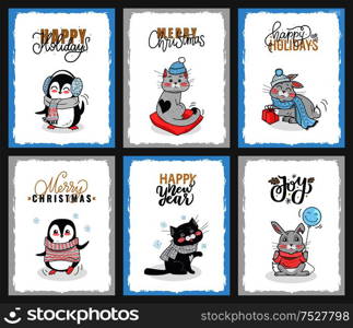 Set of cartoon animals with calligraphy lettering wishes. Clipart vector cards of penguin, cat, bunny. Merry Christmas card with penguin in warm sweater. Set of Cartoon Animals with Lettering Wishes