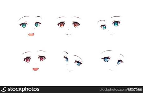 Set of cartoon anime manga style expressions. Vector illustration on isolated background. Set of cartoon anime manga style expressions.