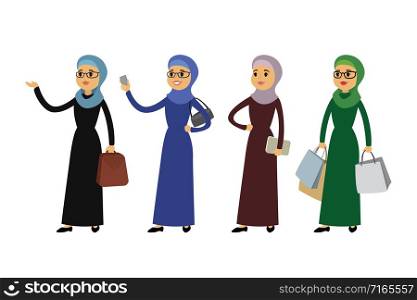 Set of Cartoon arab happy business woman,female character in traditional clothes,isolated on white background,Flat vector illustration