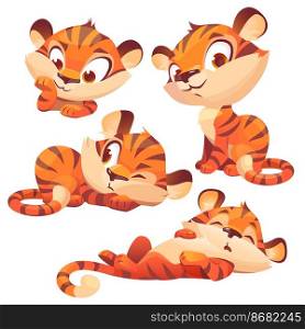 Set of cartoon baby tiger, cute animal cub character, funny mascot with kawaii muzzle express emotions smiling, sleep on back, think. Wild kitten with orange striped skin, Vector illustration, icons. Set cartoon baby tiger, cute animal cub character
