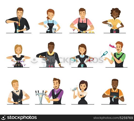 Set Of Cartoon Bartender Characters . Set of cartoon male and female bartender characters mixing beverage on white background flat isolated vector illustration