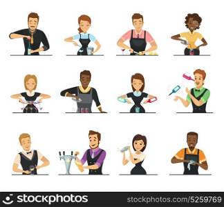 Set Of Cartoon Bartender Characters . Set of cartoon male and female bartender characters mixing beverage on white background flat isolated vector illustration