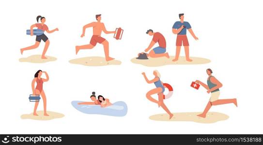 Set of cartoon beach lifeguard people isolated on white background. Collection of colored characters with lifeguards inventory vector flat illustration. Saving tourist person life at sea. Set of cartoon beach lifeguard people isolated on white background